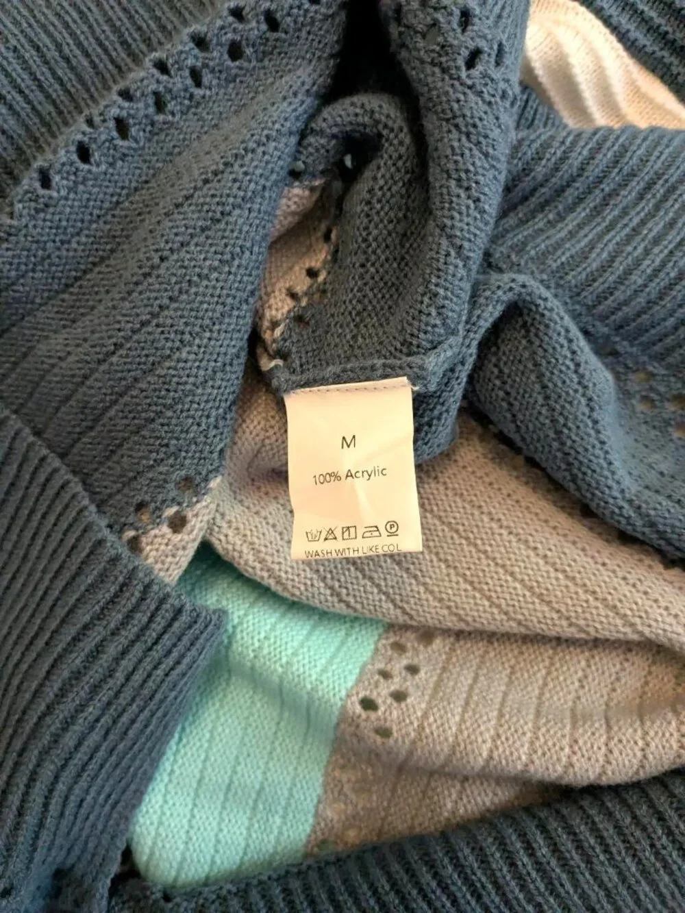 Boho Color Block Knit Hoodie Sweater Soft Cozy Lightweight Pullover Top Medium
